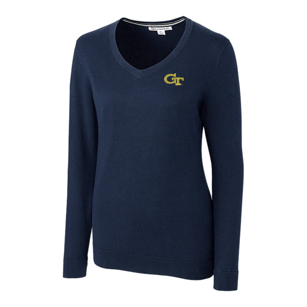 Ladies Georgia Tech Yellow Jackets Cutter & Buck Lakemont Tri-Blend V-Neck Pullover Sweater - Front View