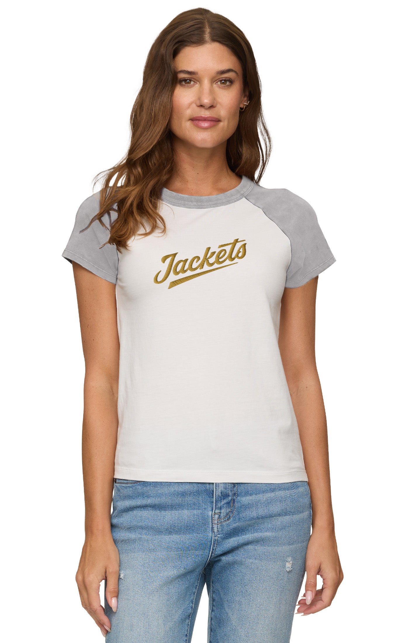Georgia Tech Yellow Jackets Flag & Anthem Carson Raglan Script Grey and White Shirt - Full View