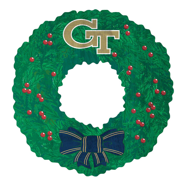 Georgia Tech Yellow Jackets 16 Inch Holiday Wreath - In Green - Front View