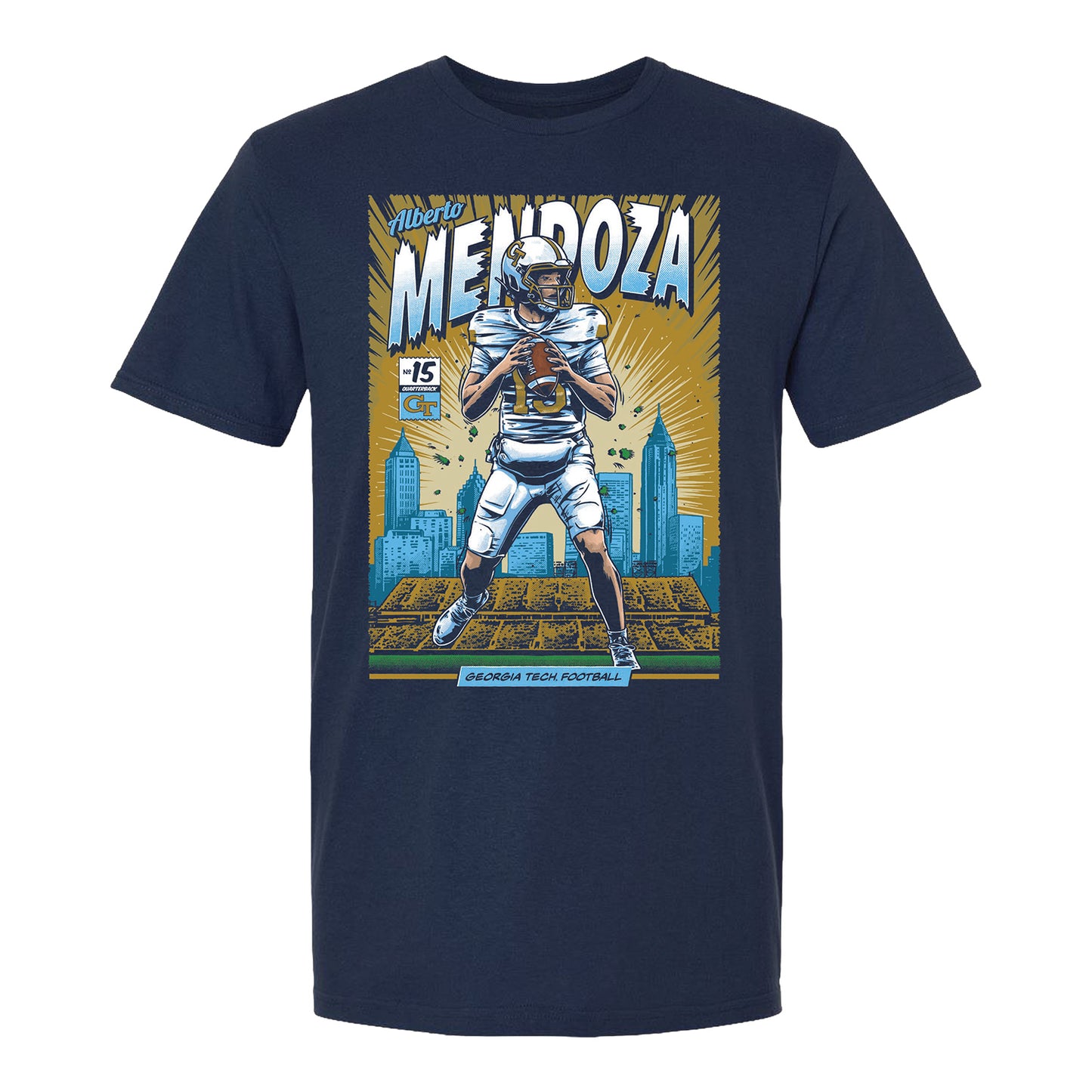 Georgia Tech Yellow Jackets Football Student Athlete #15 Alberto Mendoza Comic T-Shirt - Front View