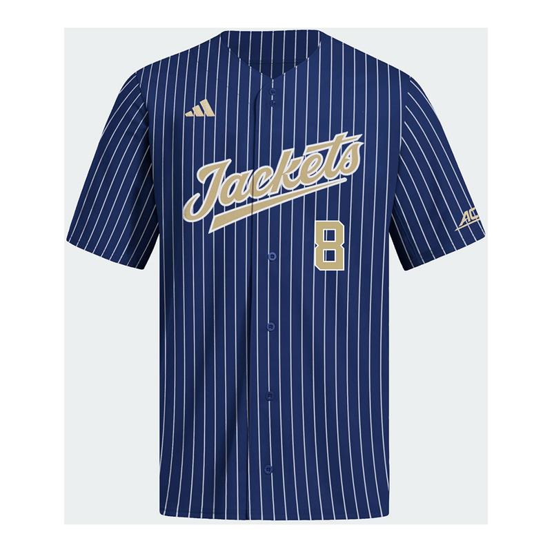 Georgia Tech Adidas Baseball Student Athlete #8 Drew Burress Pinstripe Jersey - Front View