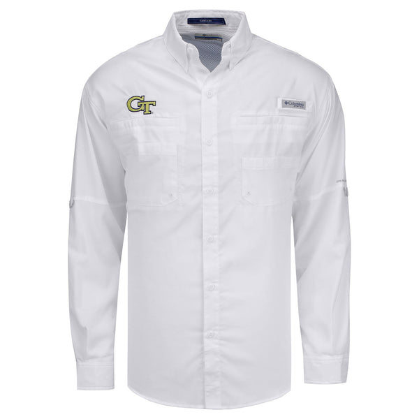 Georgia Tech Yellow Jackets Tamiami Long Sleeve Woven Shirt! in White - Front View