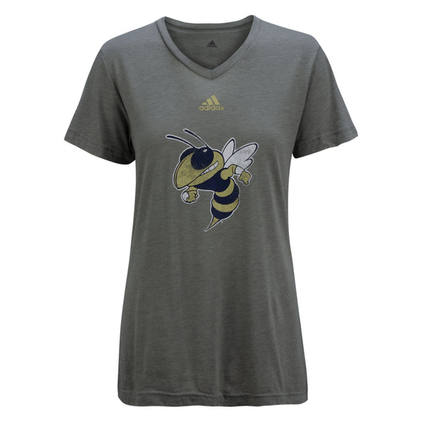 Ladies Georgia Tech Yellow Jackets Adidas Distressed Buzz V-Neck in Heather Grey - Front View