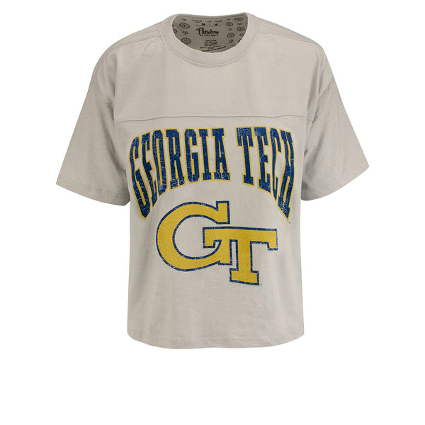 Ladies Georgia Tech Vintage Crop Shirt in Grey - Front View