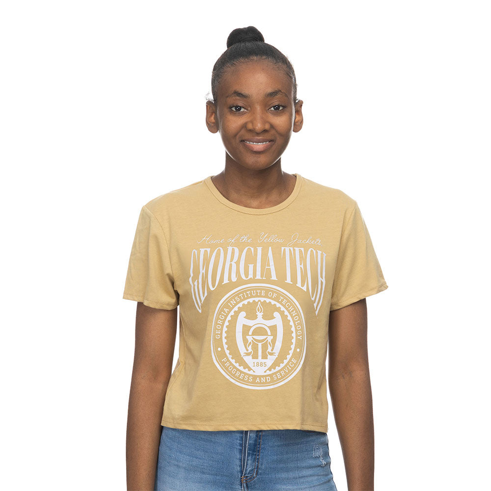Ladies Georgia Tech Yellow Jackets Crop T-Shirt in Gold - Front View