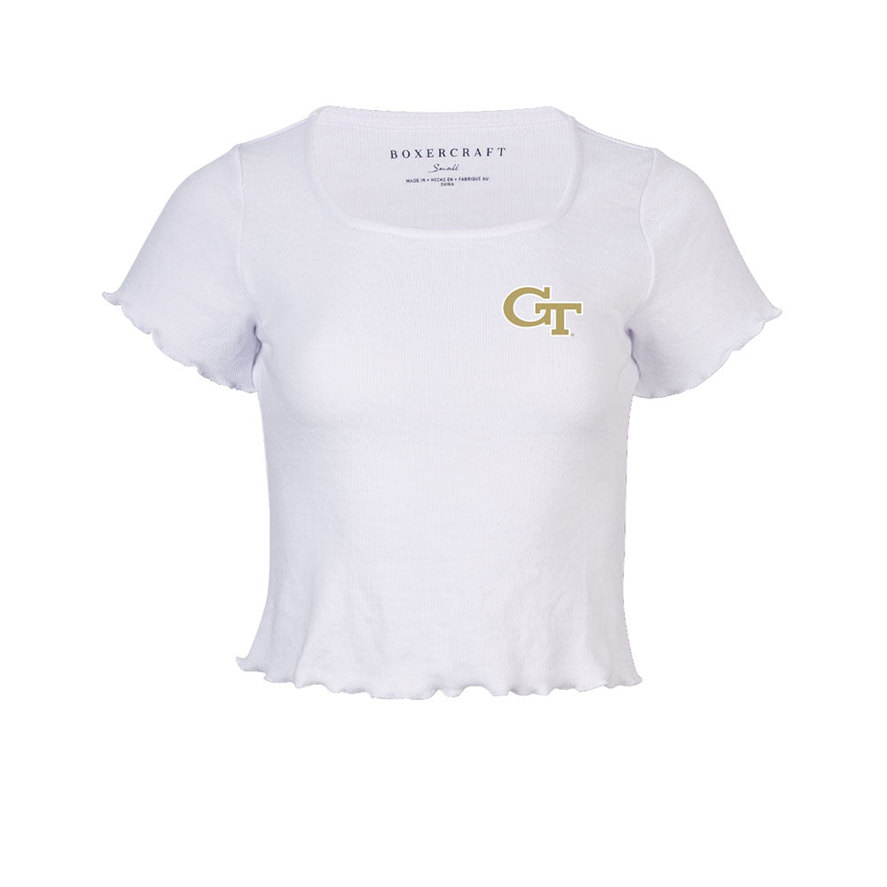 Ladies Georgia Tech Yellow Jackets Baby Rib White Short Sleeve - Front View