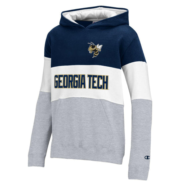Youth Georgia Tech Yellow Jackets Super Fan Colorblock Hood in Navy, White, and Grey - Front View