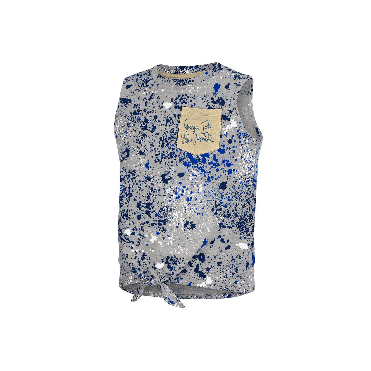 Girls Georgia Tech Yellow Jackets Splatter Tie Front Tank in Grey - Front View