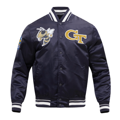 Georgia Tech Yellow Jackets Classic Ribbed Satin Bomber Jacket In Navy - Front View