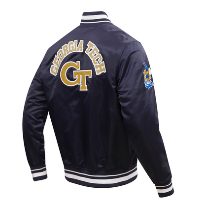 Georgia Tech Yellow Jackets Classic Ribbed Satin Bomber Jacket In Navy - Back Side View