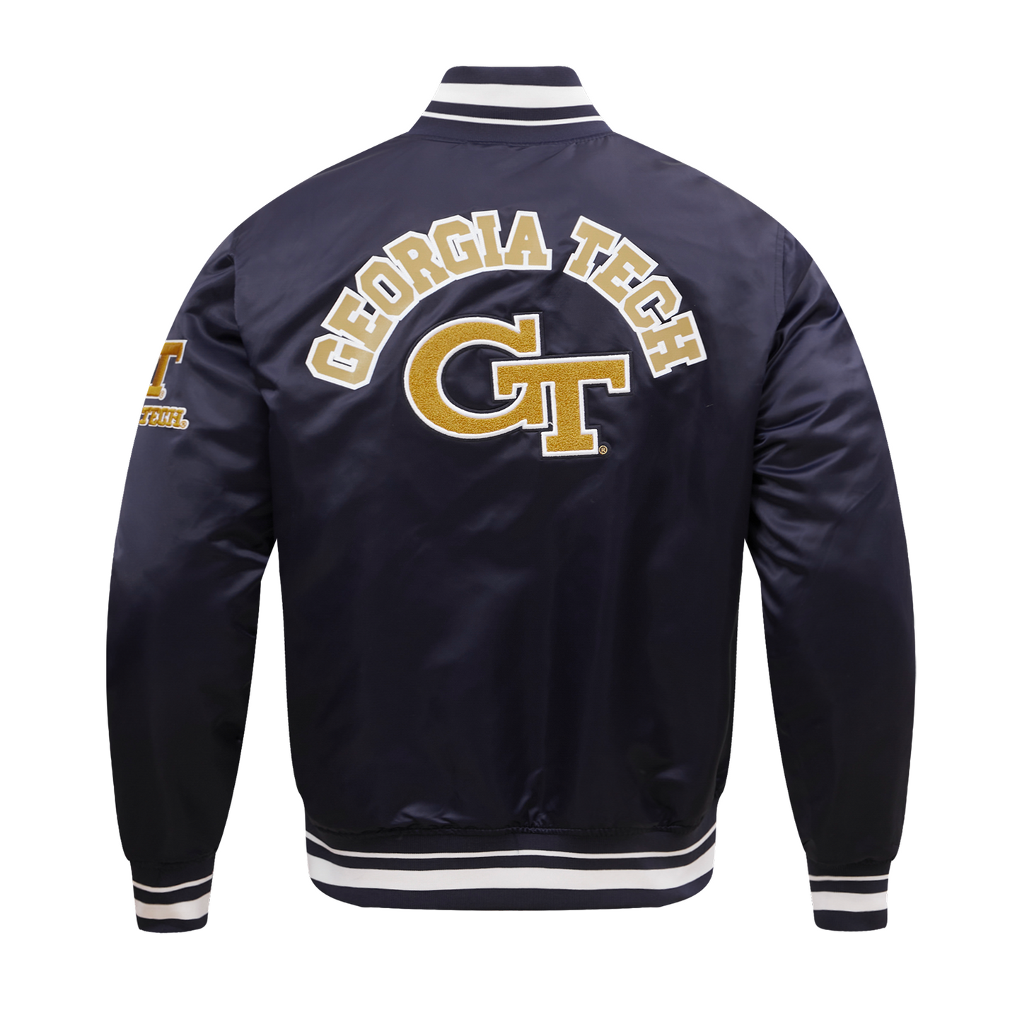 Georgia Tech Yellow Jackets Classic Ribbed Satin Bomber Jacket In Navy - Back View