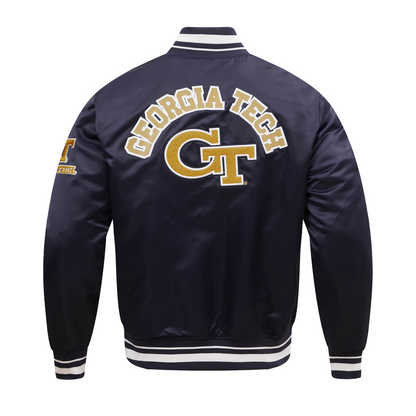 Georgia Tech Yellow Jackets Classic Ribbed Satin Bomber Jacket In Navy - Back View