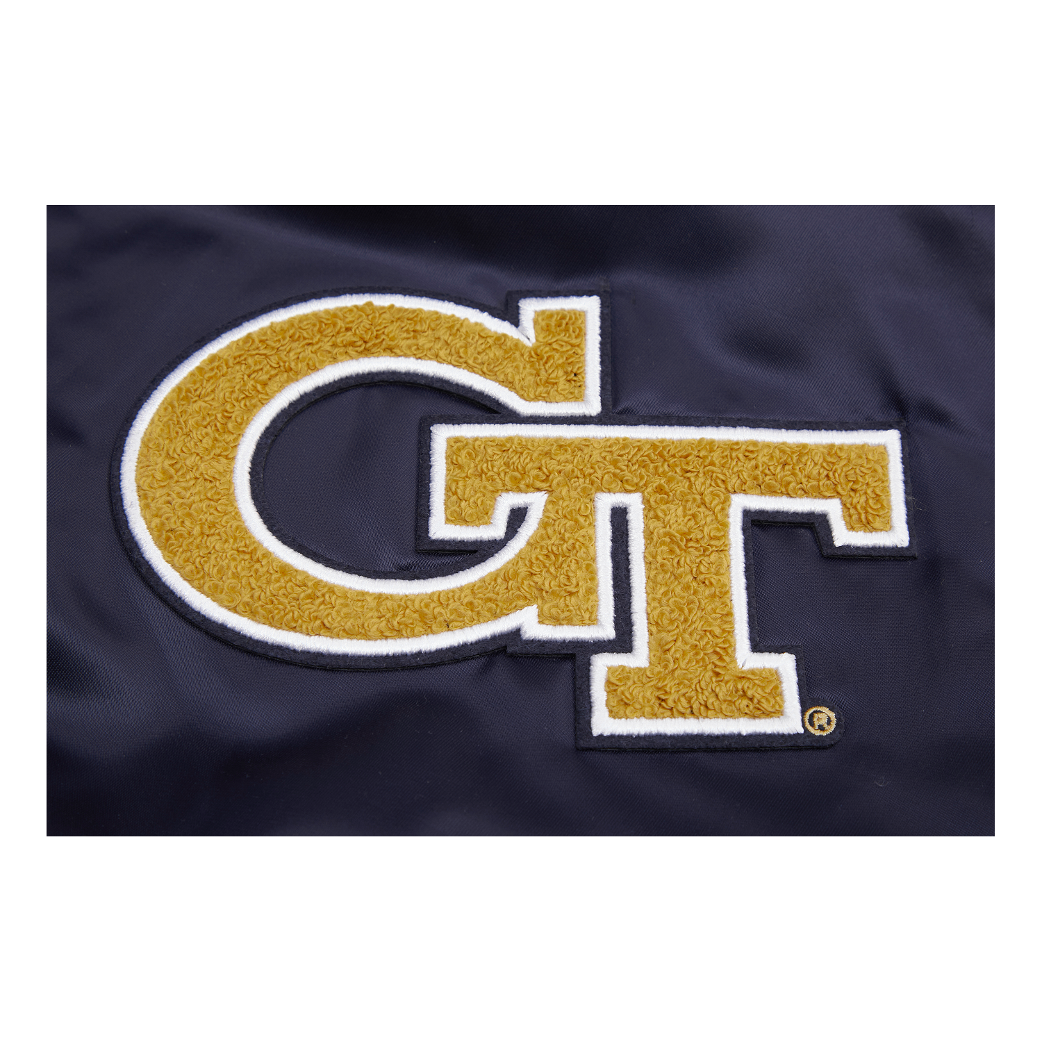 Georgia Tech Yellow Jackets Classic Ribbed Satin Bomber Jacket In Navy - GT Logo View