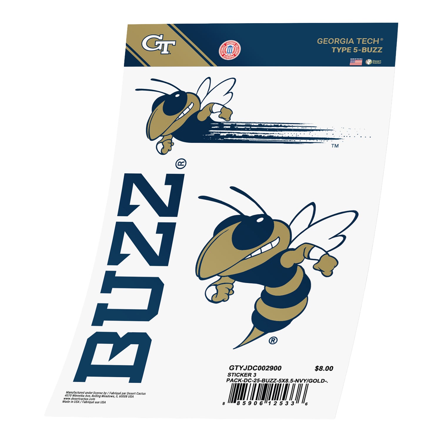 Georgia Tech Yellow Jackets Buzz Sticker 3-Pack - Front View
