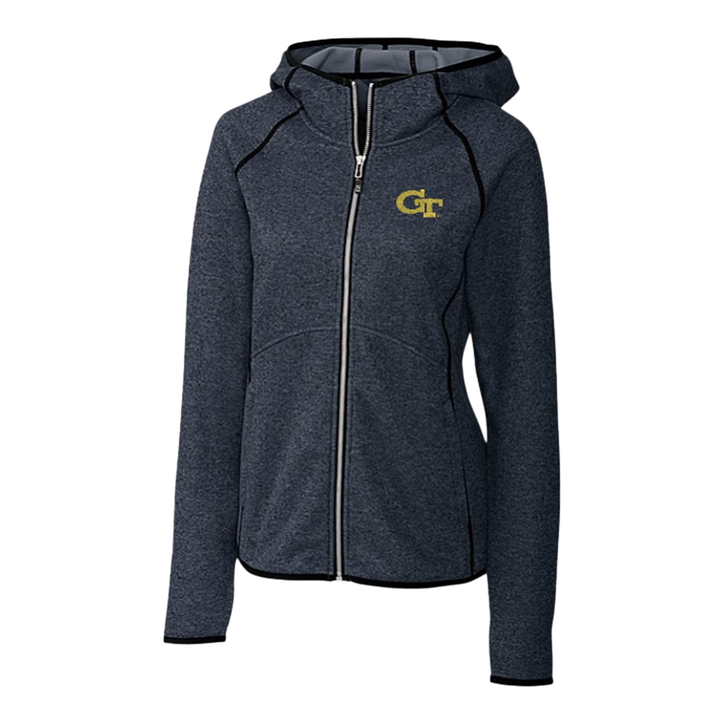 Ladies Georgia Tech Yellow Jackets Cutter & Buck Mainsail Sweater-Knit Hoodie Full Zip Jacket - Front View