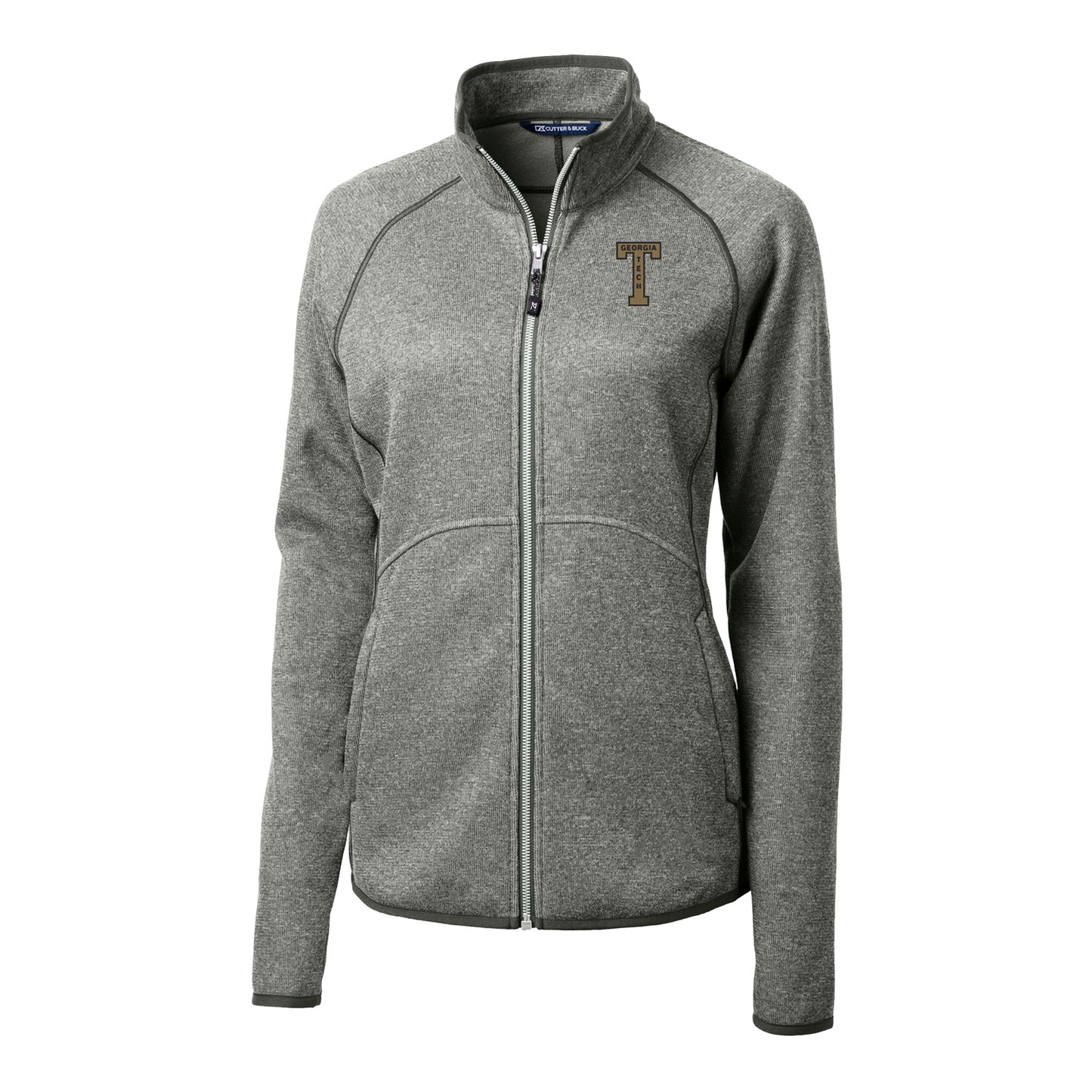 Ladies Georgia Tech Yellow Jackets College Vault Cutter & Buck Mainsail Sweater-Knit Full Zip Jacket - Front View
