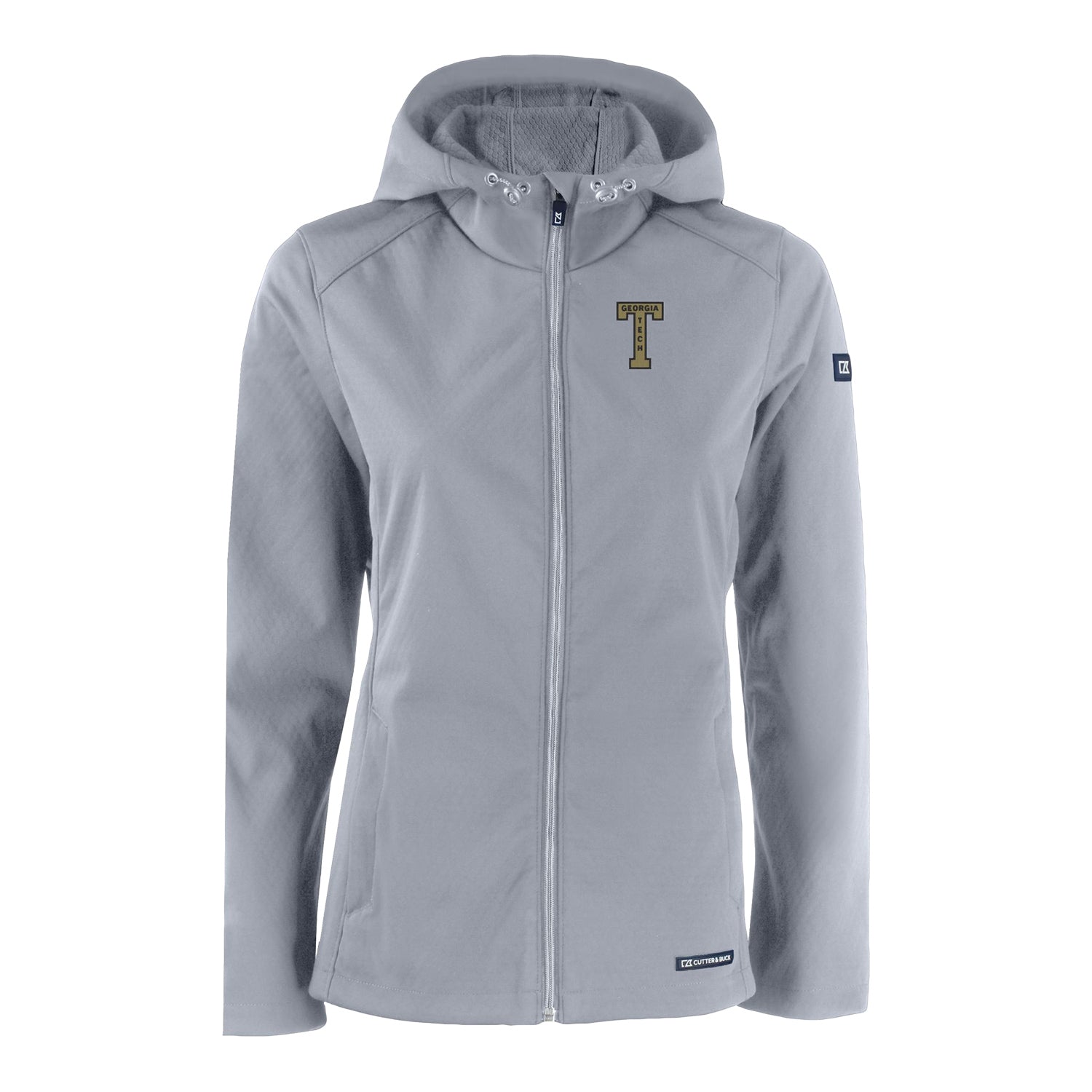 Ladies Georgia Tech Yellow Jackets College Vault Cutter & Buck Evoke Eco Softshell Recycled Full Zip Jacket - Front View