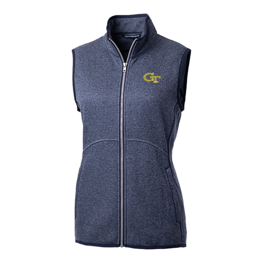 Ladies Georgia Tech Yellow Jackets Cutter & Buck Mainsail Sweater Knit Full Zip Vest - Front View