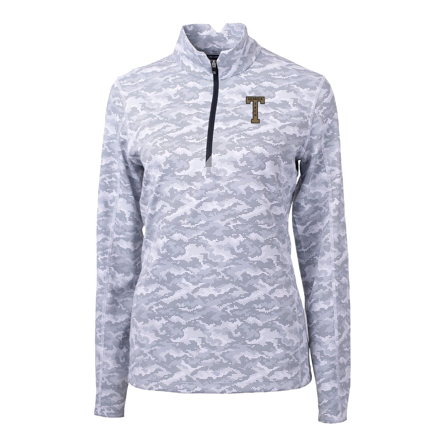 Ladies Georgia Tech Yellow Jackets College Vault Cutter & Buck Traverse Camo Print Stretch Quarter Zip Pullover - Front View