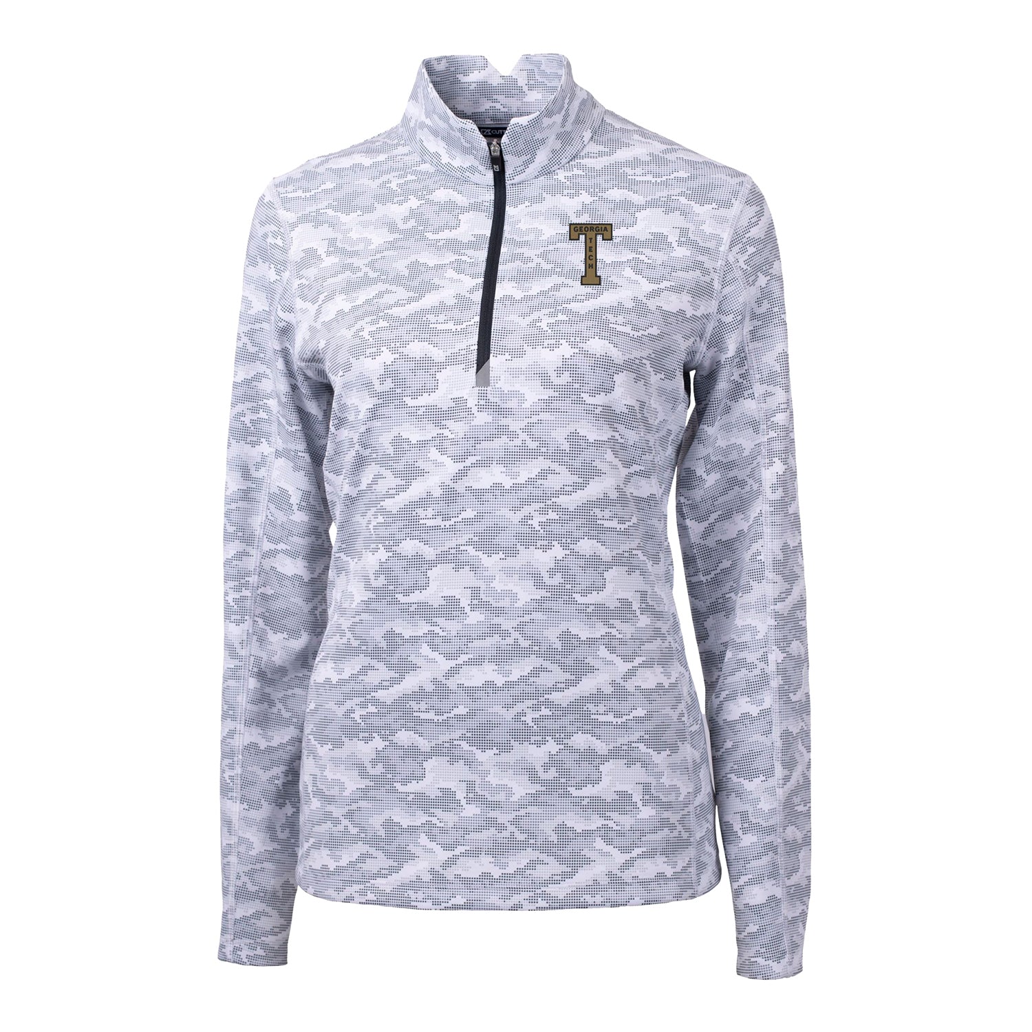 Ladies Georgia Tech Yellow Jackets College Vault Cutter & Buck Traverse Camo Print Stretch Quarter Zip Pullover - Front View
