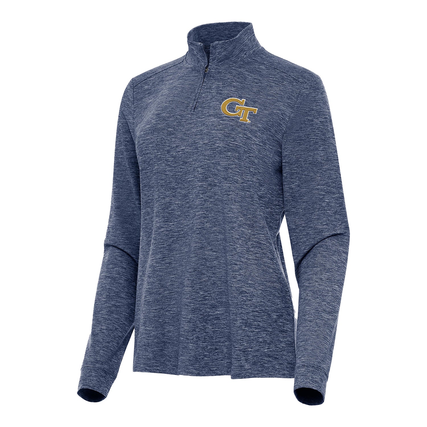 Ladies Georgia Tech Yellow Jackets 1/4 Zip Mock Heather Navy Jacket - Front View