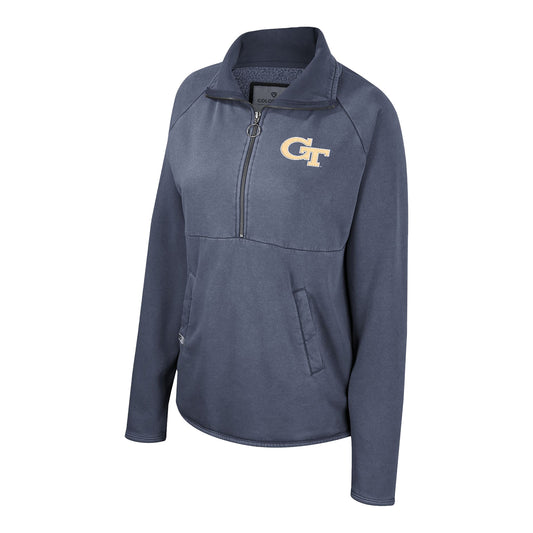 Ladies Georgia Tech Yellow Jackets Audrey Acid Washed Fleece Navy 1/4 Zip - Front View