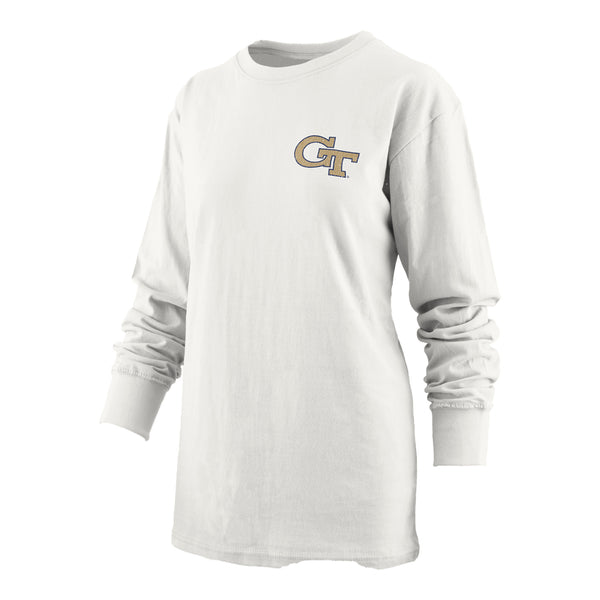Ladies Georgia Tech Yellow Jackets Pine Top Pennant Stack White Long Sleeve T-Shirt - In White - Front View