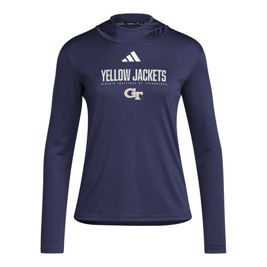 Georgia Tech Yellow Jackets Ladies Long Sleeve Hooded Designed for Training Shirt In Blue - Front View