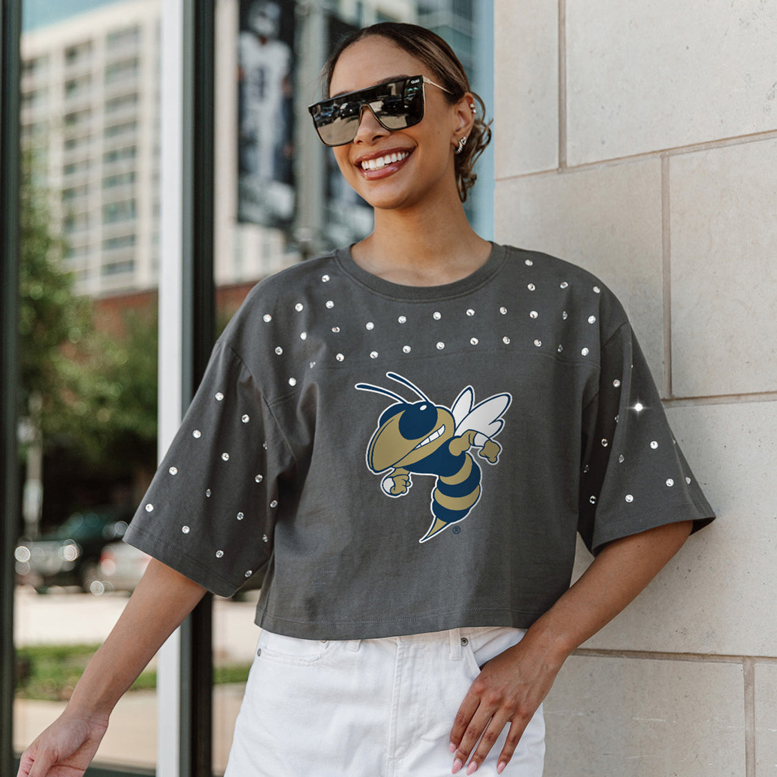 トップス 24-25AW STONE  Georgia Tech Yellow Jackets Women's Oversized Crop Rhinestone Tee