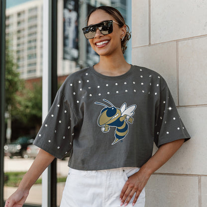Georgia Tech Yellow Jackets Women's Oversized Crop Rhinestone Tee In Grey - Front View 2