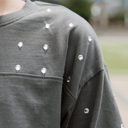 Georgia Tech Yellow Jackets Women's Oversized Crop Rhinestone Tee In Grey - Rinestone View