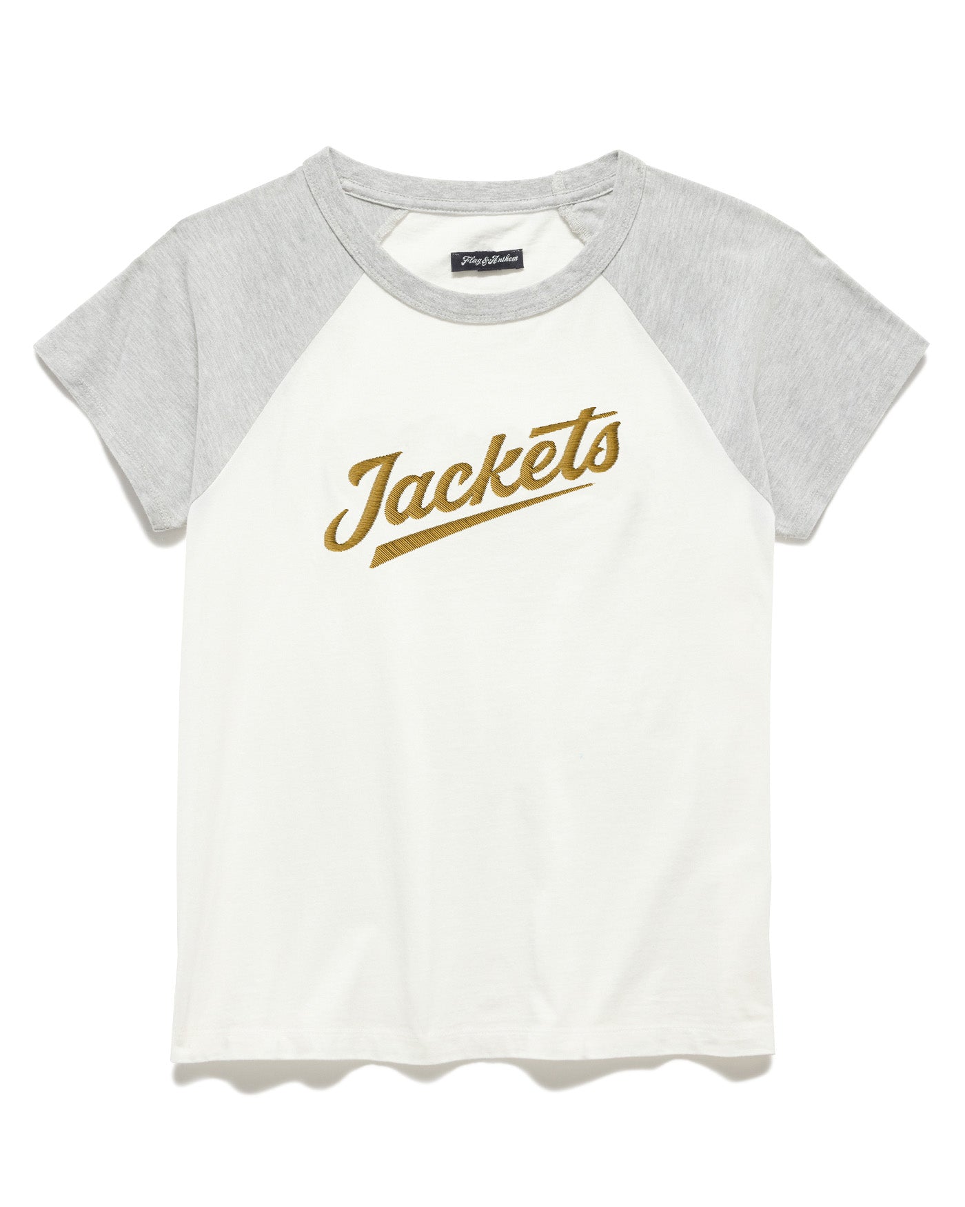 Georgia Tech Yellow Jackets Flag & Anthem Carson Raglan Script Grey and White Shirt - Front View