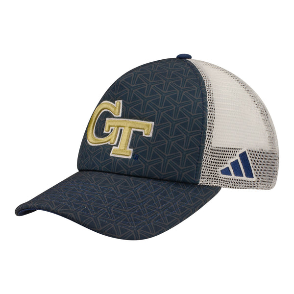 Georgia Tech Yellow Jackets Adidas Patterned Foam Trucker Navy Adjustable Hat - Front Left View