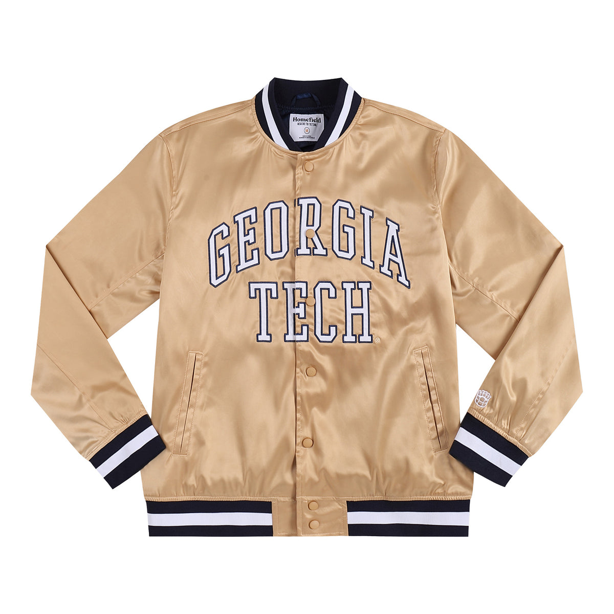 Georgia Tech Yellow Jackets Ramblin Wreck Satin Gold Bomber Jacket - Front View