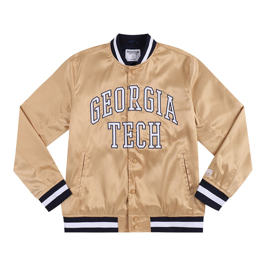 Georgia Tech Yellow Jackets Ramblin Wreck Satin Gold Bomber Jacket - Front View