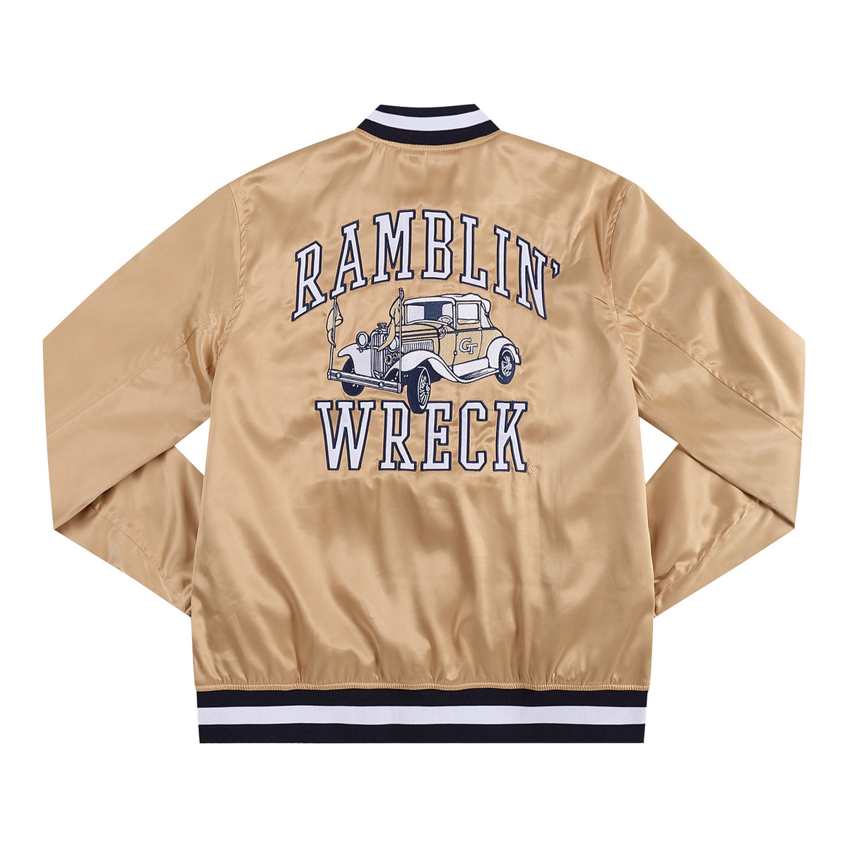 Georgia Tech Yellow Jackets Ramblin Wreck Satin Gold Bomber Jacket - Back View