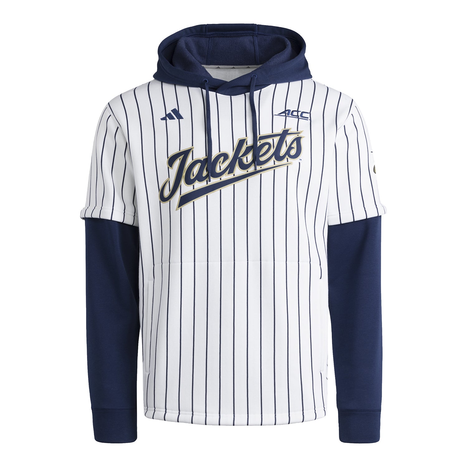 Georgia Tech Yellow Jackerts Adidas Pinstripe Hooded Baseball Jersey In White - Front View