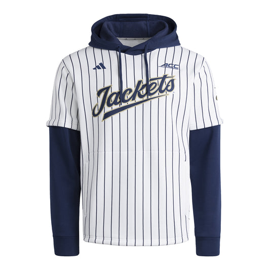 Georgia Tech Yellow Jackerts Adidas Pinstripe Hooded Baseball Jersey In White - Front View