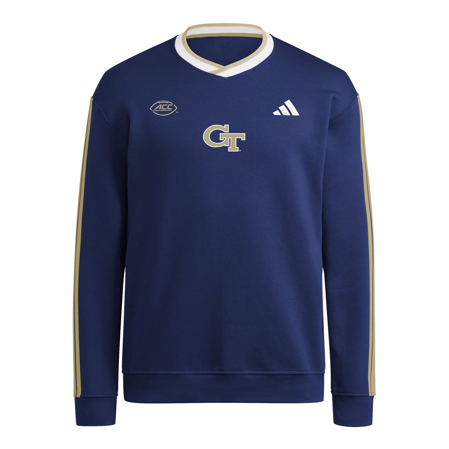 Georgia Tech Yellow Jackets Adidas 3 Stripe Crewneck Sweatshirt In Navy - Front View