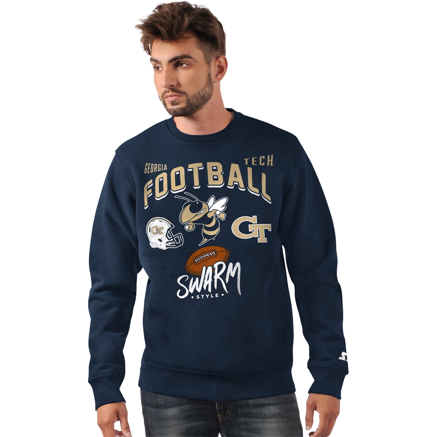 Georgia Tech Yellow Jackets Football Swarm Crewneck In Navy - Front View