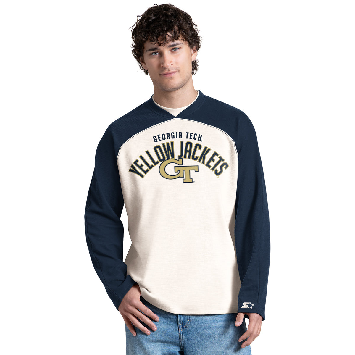 Georgia Tech Yellow Jackets Kickoff Slub Jersey White Long Sleeve Crewneck - Front View
