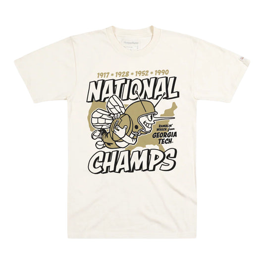 Georgia Tech Yellow Jackets Football Four-Time National Champs T-Shirt In White - Front View