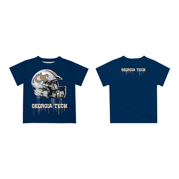 Youth Georgia Tech Yellow Jackets Dripping Football Helmet Navy T-Shirt - Multi View