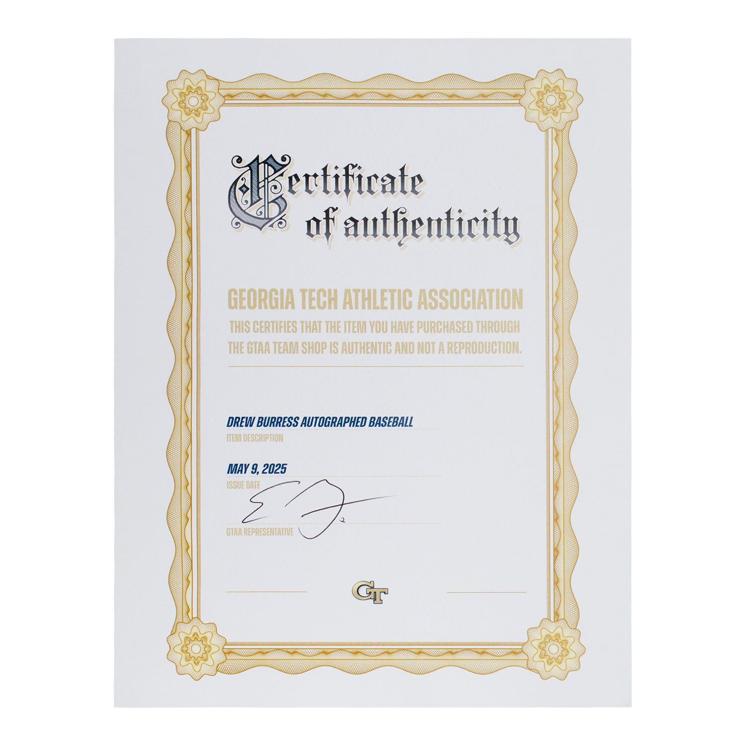 Georgia Tech Baseball Student Athlete #8 Drew Burress - Autographed baseball - Signed - COA View