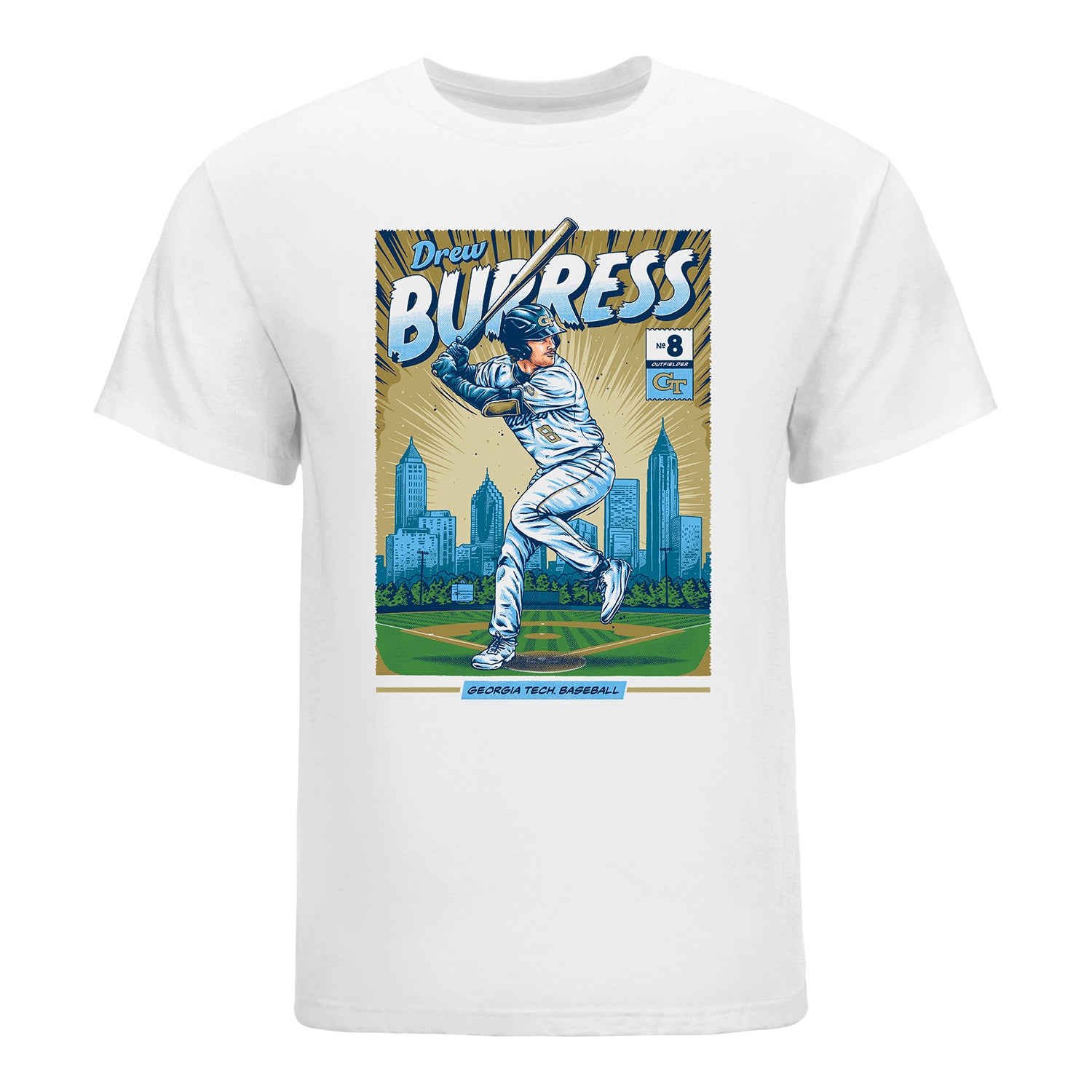 Georgia Tech Men's Baseball Student Athlete Comic T-Shirt #8 Drew Burress - Front View
