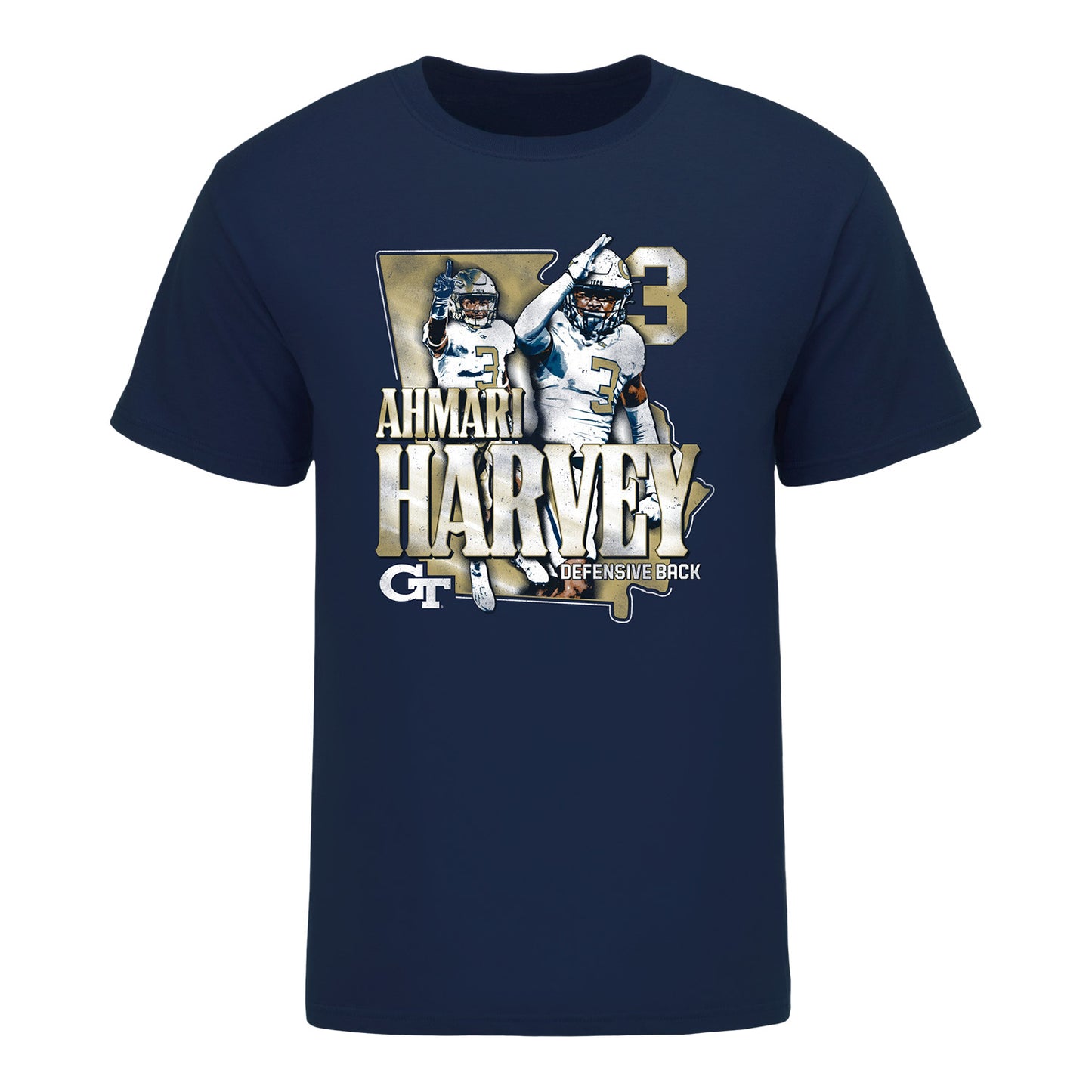 Georgia Tech Football Student Athlete NIL State T-Shirt - #3 Ahmari Harvey In Navy - Front View