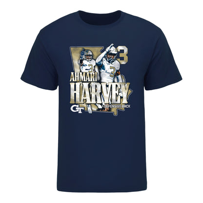 Georgia Tech Football Student Athlete NIL State T-Shirt - #3 Ahmari Harvey In Navy - Front View