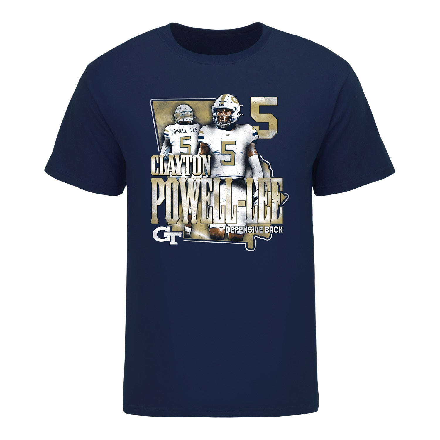 Georgia Tech Football Student Athlete NIL State T-Shirt - #5 Calyton Powell-Lee In Navy - Front View