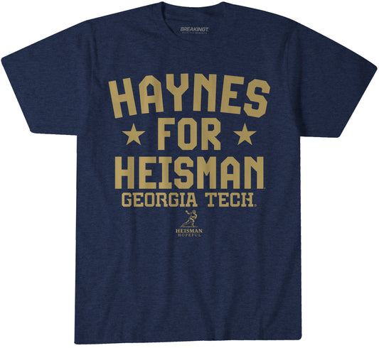 Georgia Tech Football Breaking T Student Athlete Haynes for Heisman T-Shirt In Navy - Front View