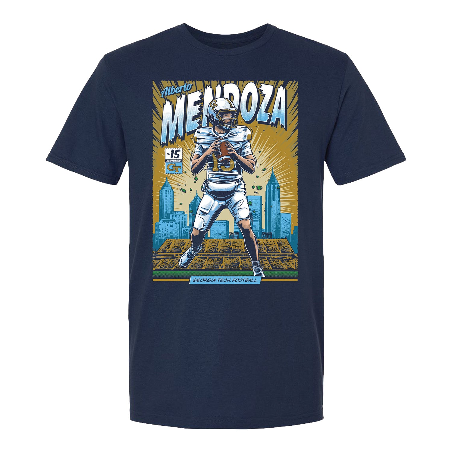 Georgia Tech Yellow Jackets Football Student Athlete #15 Alberto Mendoza Comic T-Shirt - Front View